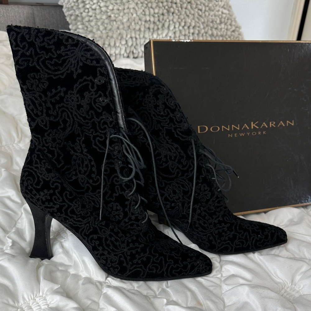 Donna Karan Black Velvet Lace-Up Ankle Boots with Patterned Texture